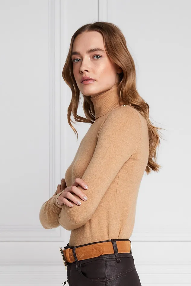 Holland Cooper Knitwear Women Buttoned Knit Roll Neck Dark Camel Holland Cooper Knitwear Women Buttoned Knit Roll Neck Dark Camel