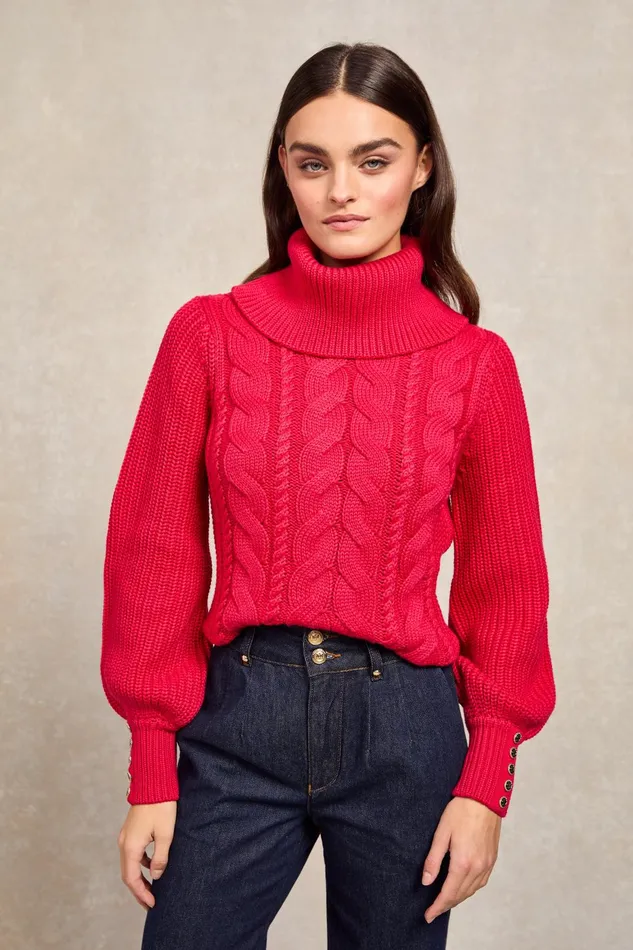 Holland Cooper Knitwear Women Corded Roll Neck Knit Raspberry