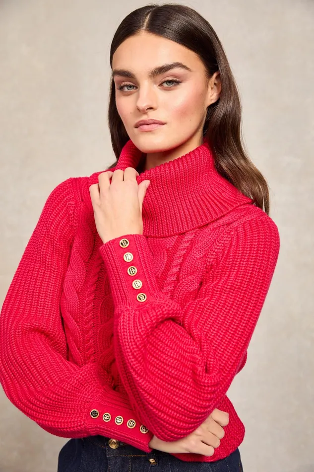 Holland Cooper Knitwear Women Corded Roll Neck Knit Raspberry Holland Cooper Knitwear Women Corded Roll Neck Knit Raspberry