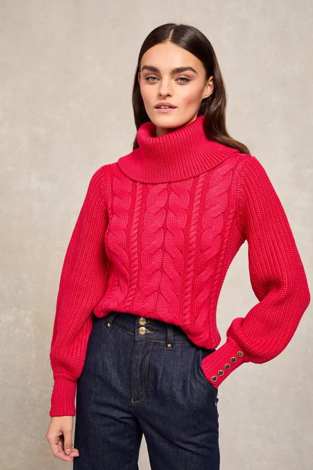 Holland Cooper Knitwear Women Corded Roll Neck Knit Raspberry Holland Cooper Knitwear Women Corded Roll Neck Knit Raspberry