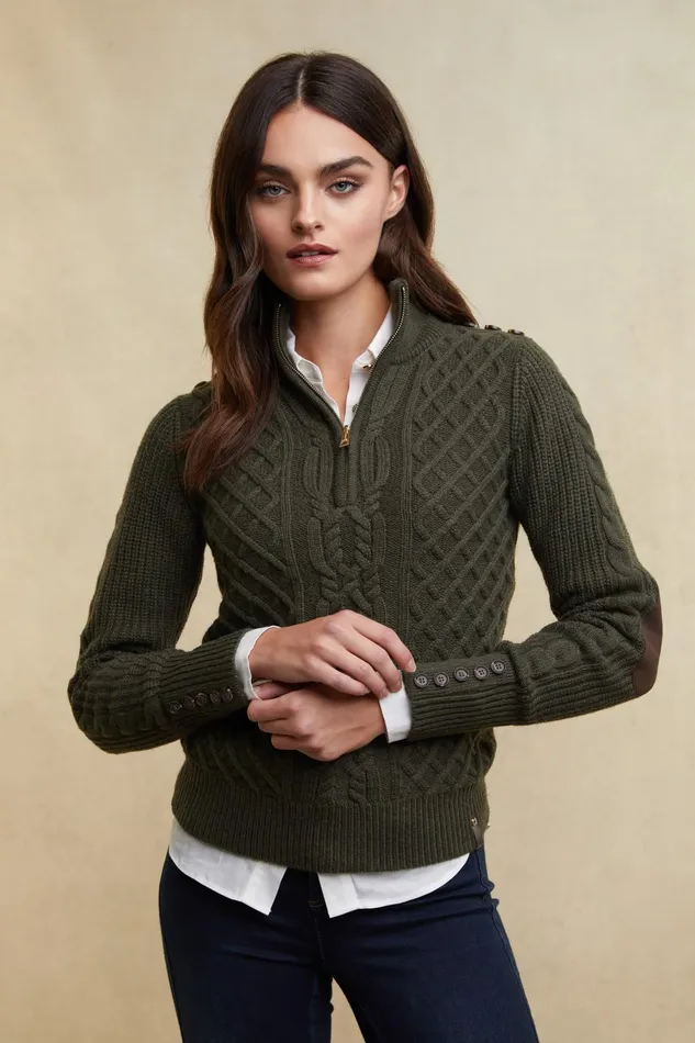 Holland Cooper Knitwear Women Country Cable Quarter Zip Knit Forest Green