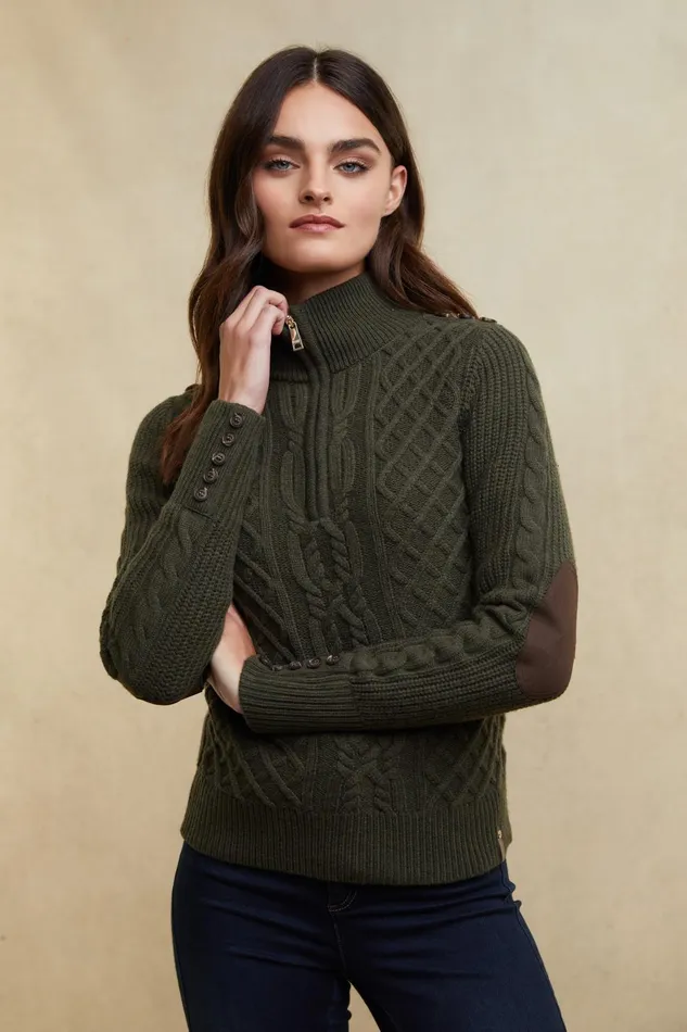 Holland Cooper Knitwear Women Country Cable Quarter Zip Knit Forest Green Holland Cooper Knitwear Women Country Cable Quarter Zip Knit Forest Green