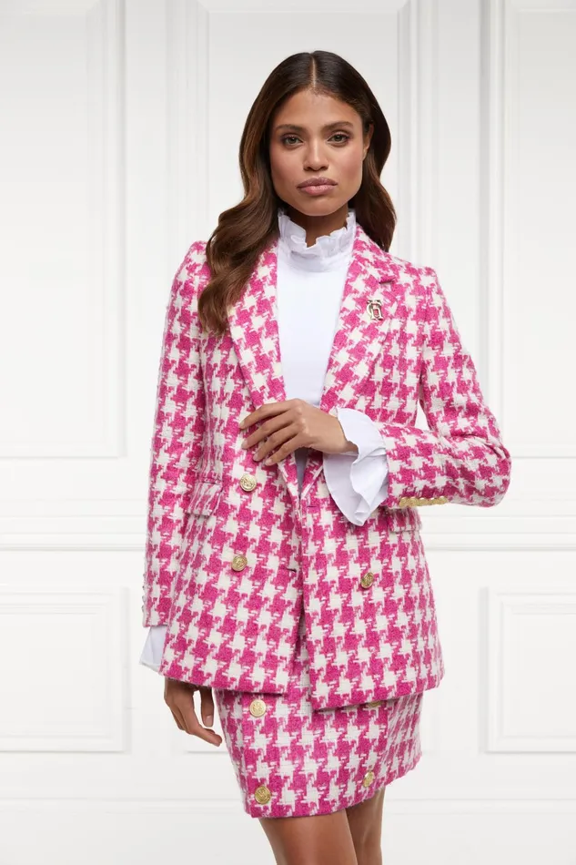 Holland Cooper Tailoring Women Double Breasted Blazer Hot Pink Large Scale Houndstooth