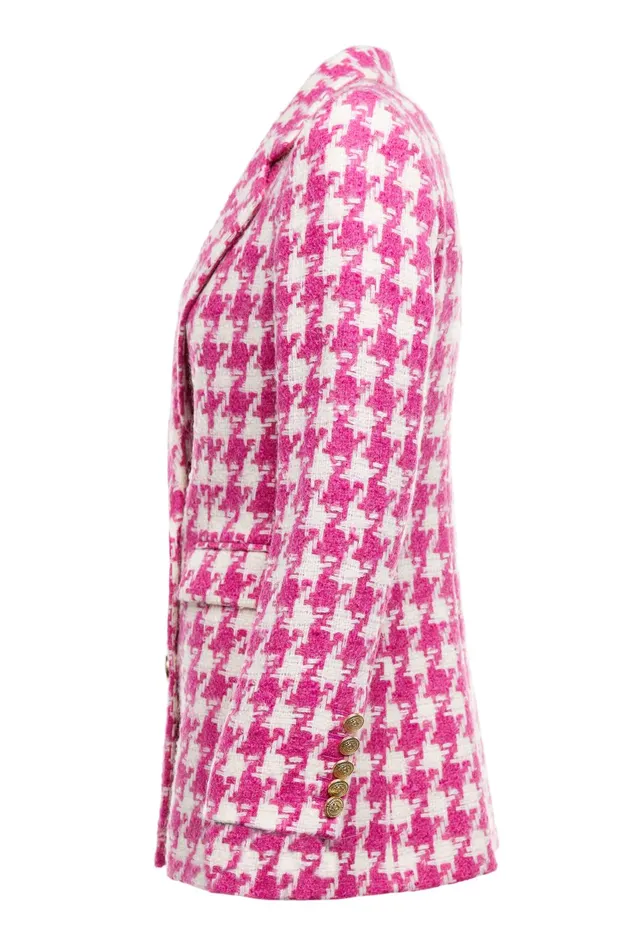 Holland Cooper Tailoring Women Double Breasted Blazer Hot Pink Large Scale Houndstooth