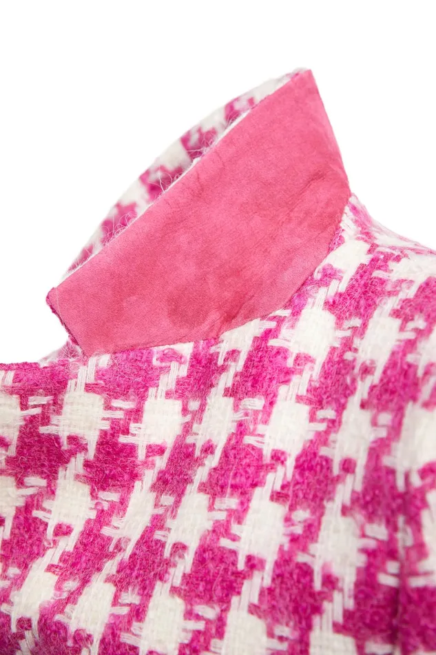 Holland Cooper Tailoring Women Double Breasted Blazer Hot Pink Large Scale Houndstooth
