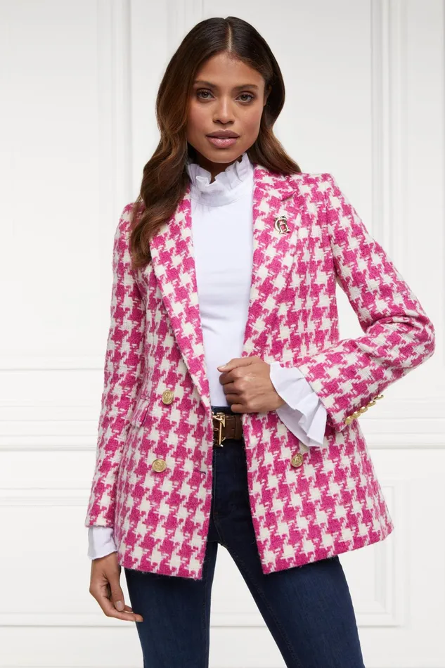 Holland Cooper Tailoring Women Double Breasted Blazer Hot Pink Large Scale Houndstooth