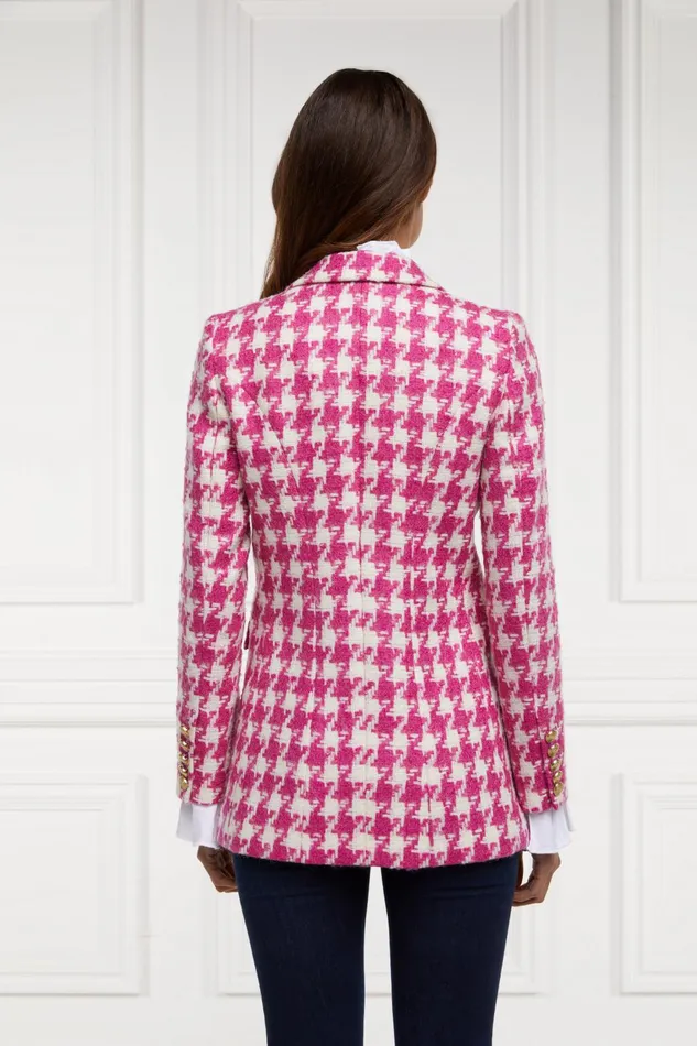 Holland Cooper Tailoring Women Double Breasted Blazer Hot Pink Large Scale Houndstooth