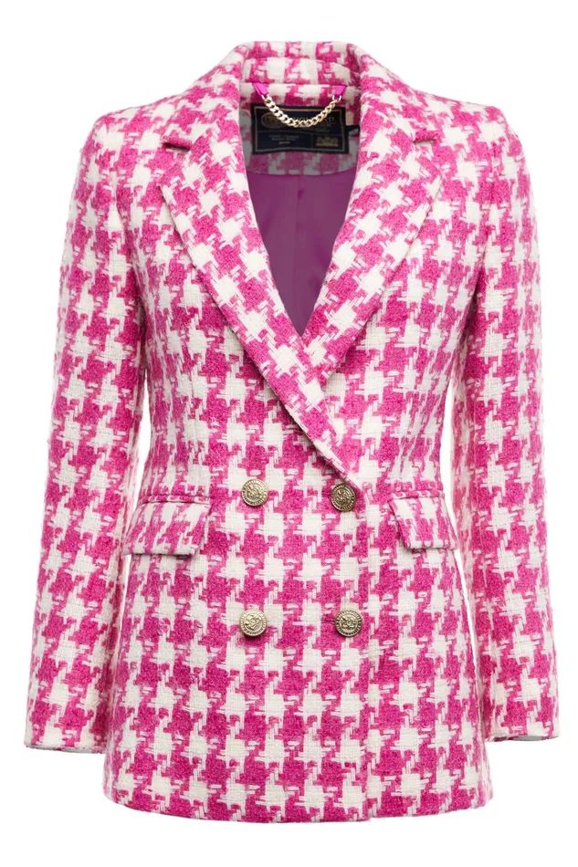 Holland Cooper Tailoring Women Double Breasted Blazer Hot Pink Large Scale Houndstooth