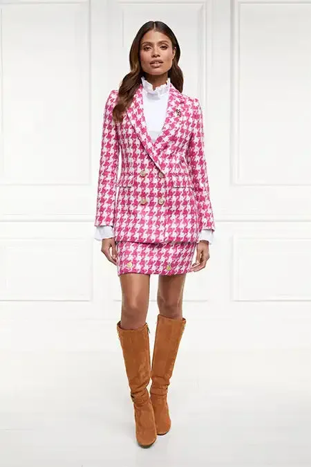 Holland Cooper Tailoring Women Double Breasted Blazer Hot Pink Large Scale Houndstooth