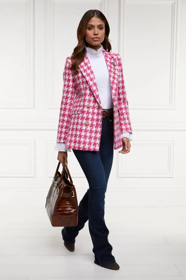 Holland Cooper Tailoring Women Double Breasted Blazer Hot Pink Large Scale Houndstooth