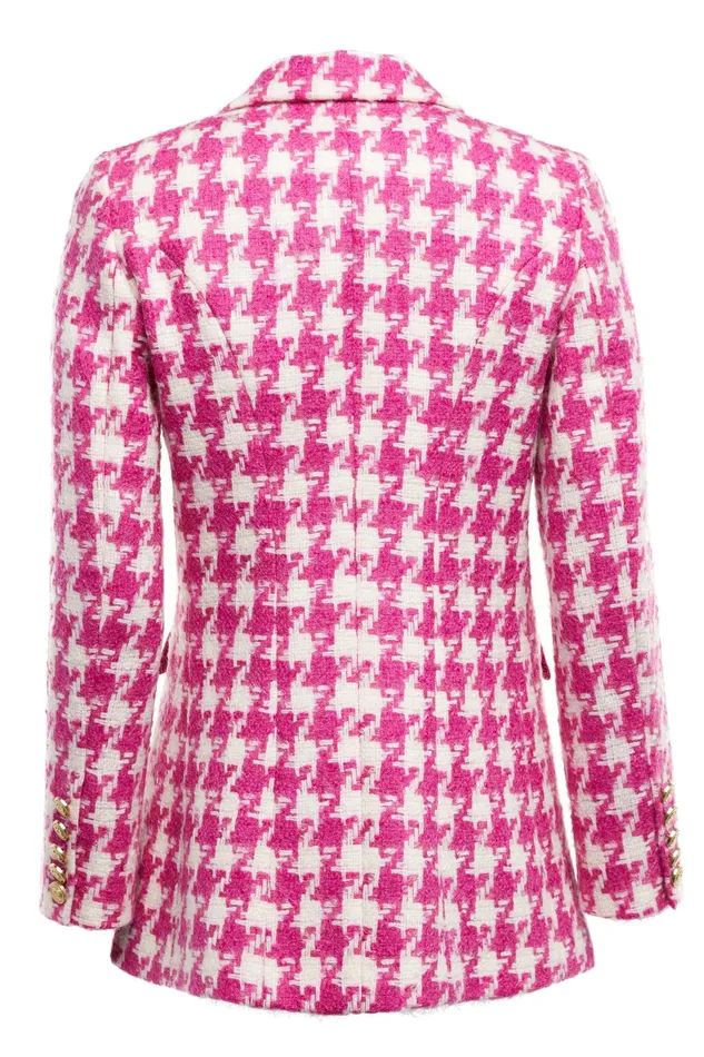 Holland Cooper Tailoring Women Double Breasted Blazer Hot Pink Large Scale Houndstooth