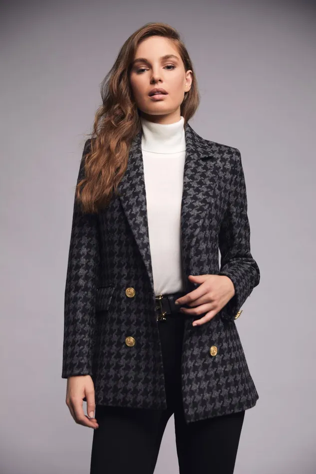 Holland Cooper Tailoring Women Double Breasted Blazer Large Scale Charcoal Houndstooth