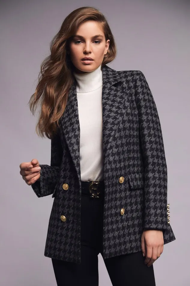 Holland Cooper Tailoring Women Double Breasted Blazer Large Scale Charcoal Houndstooth