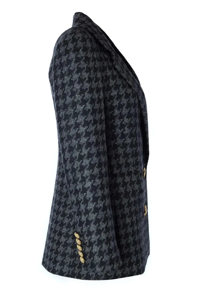 Holland Cooper Tailoring Women Double Breasted Blazer Large Scale Charcoal Houndstooth