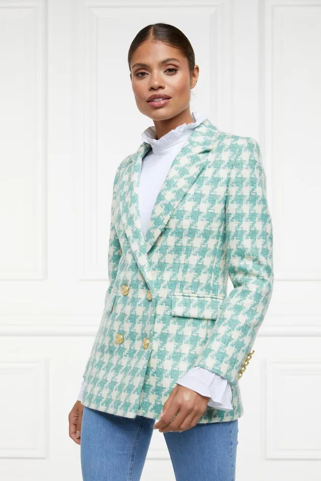 Holland Cooper Tailoring Women Double Breasted Blazer Large Scale Teal Houndstooth