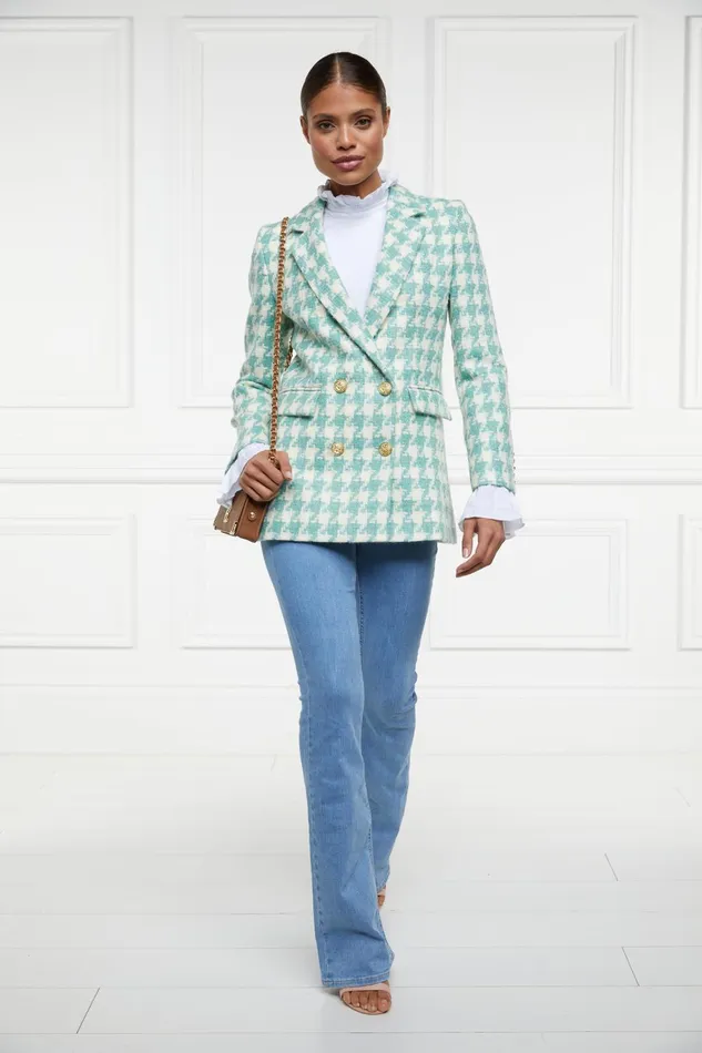 Holland Cooper Tailoring Women Double Breasted Blazer Large Scale Teal Houndstooth