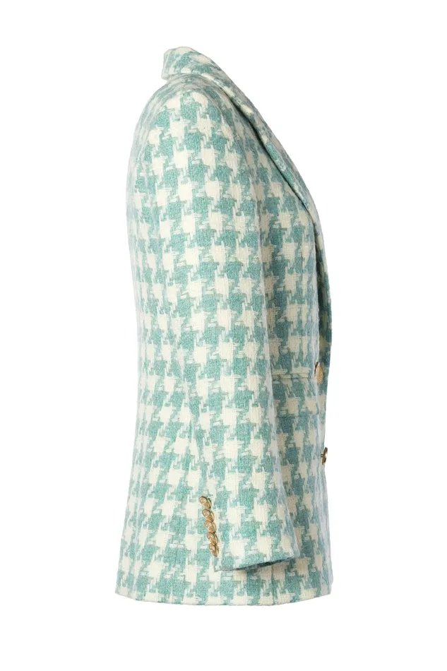 Holland Cooper Tailoring Women Double Breasted Blazer Large Scale Teal Houndstooth
