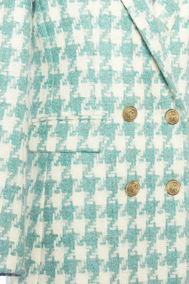 Holland Cooper Tailoring Women Double Breasted Blazer Large Scale Teal Houndstooth