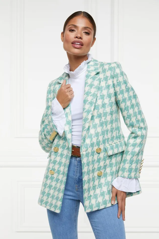 Holland Cooper Tailoring Women Double Breasted Blazer Large Scale Teal Houndstooth