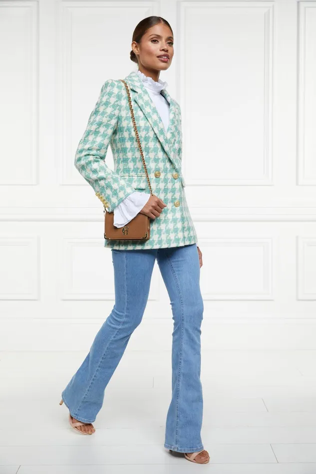 Holland Cooper Tailoring Women Double Breasted Blazer Large Scale Teal Houndstooth