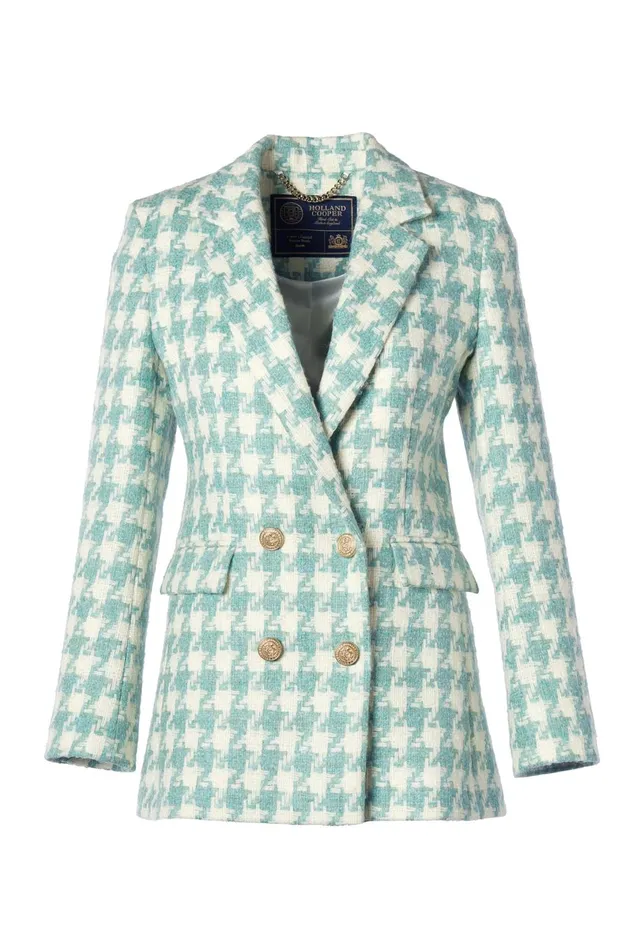 Holland Cooper Tailoring Women Double Breasted Blazer Large Scale Teal Houndstooth
