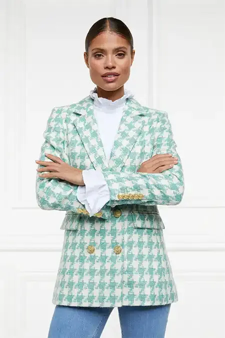 Holland Cooper Tailoring Women Double Breasted Blazer Large Scale Teal Houndstooth