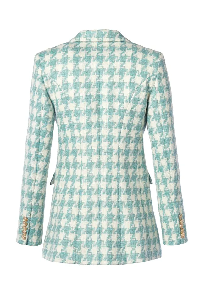 Holland Cooper Tailoring Women Double Breasted Blazer Large Scale Teal Houndstooth