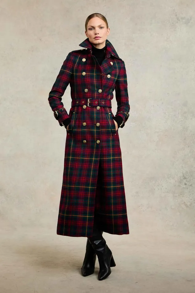 Holland Cooper Tailoring Women Full Length Marlborough Trench Coat Logan Tartan
