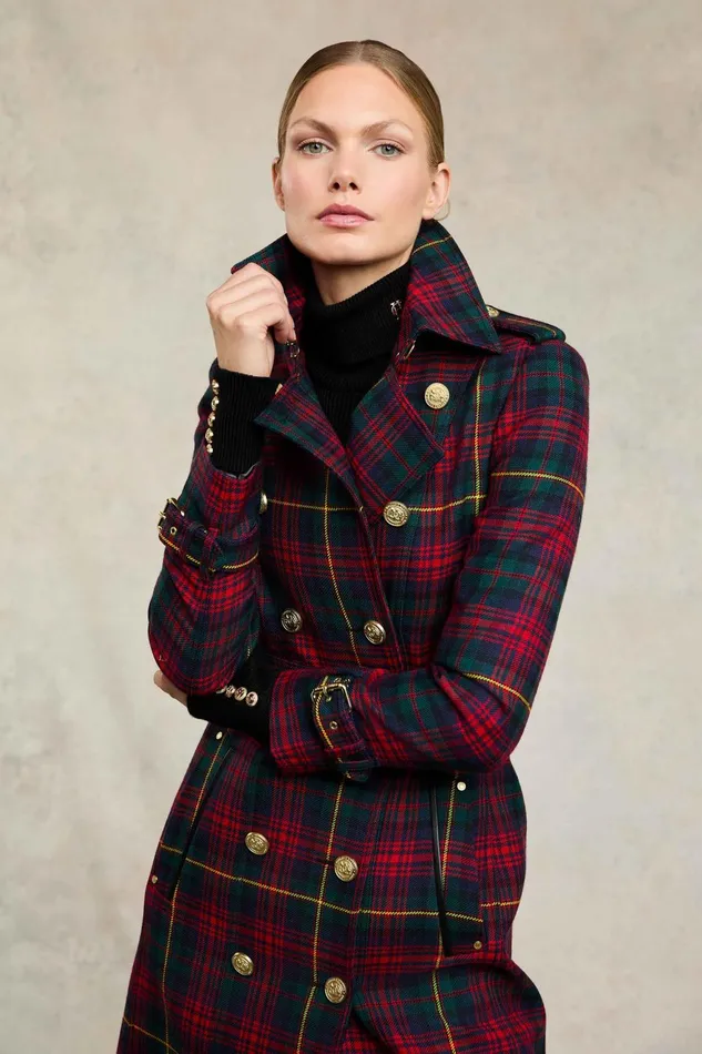 Holland Cooper Tailoring Women Full Length Marlborough Trench Coat Logan Tartan