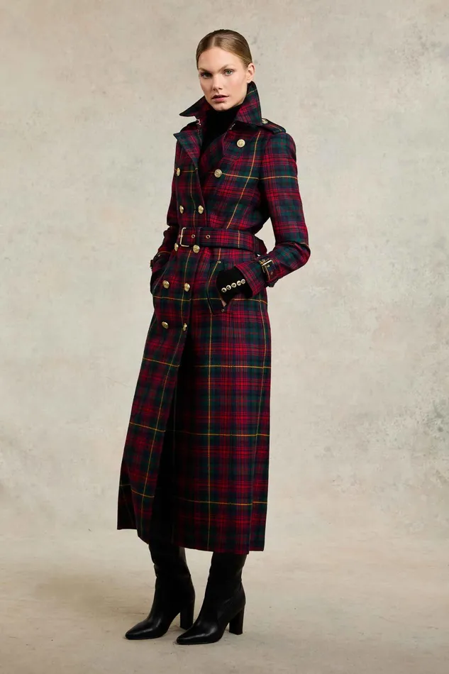 Holland Cooper Tailoring Women Full Length Marlborough Trench Coat Logan Tartan