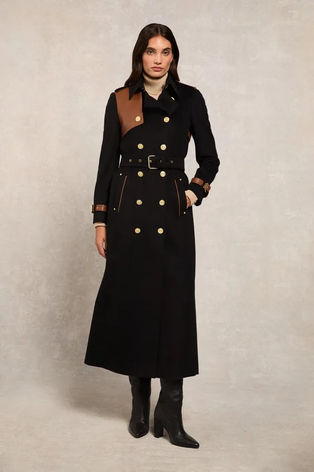 Holland Cooper Tailoring Women Full Length Marlborough Trench Coat Soft Black Tan