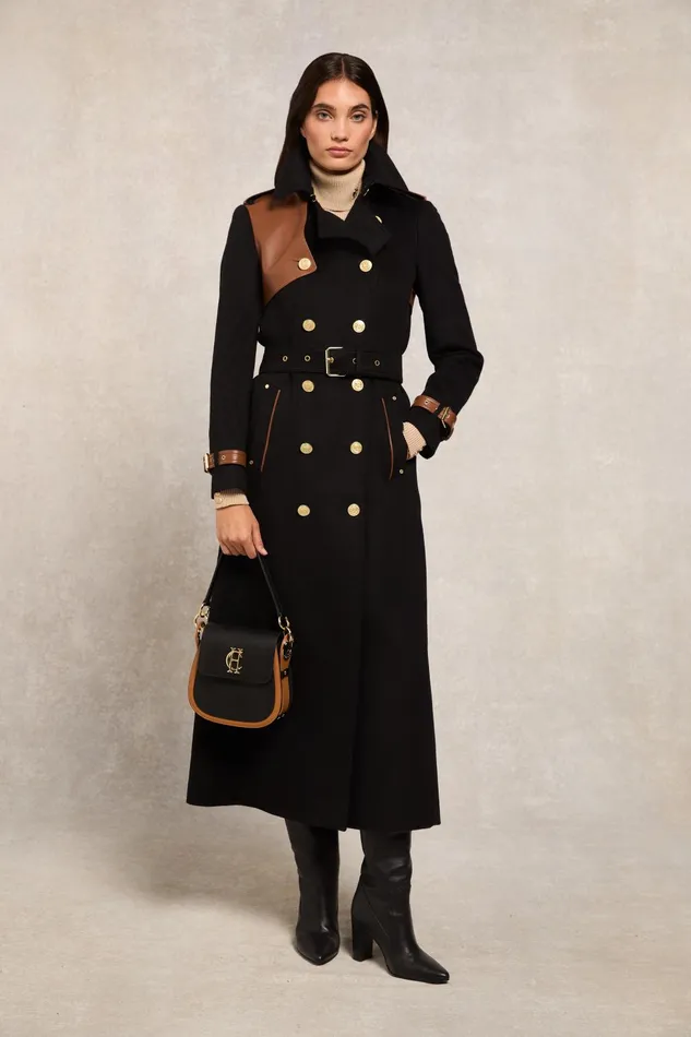 Holland Cooper Tailoring Women Full Length Marlborough Trench Coat Soft Black Tan