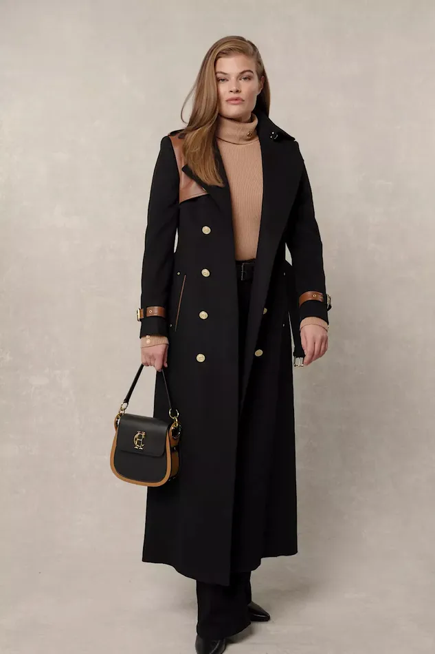Holland Cooper Tailoring Women Full Length Marlborough Trench Coat Soft Black Tan