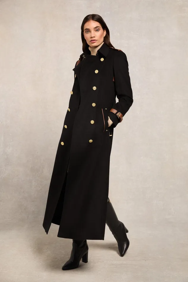 Holland Cooper Tailoring Women Full Length Marlborough Trench Coat Soft Black Tan