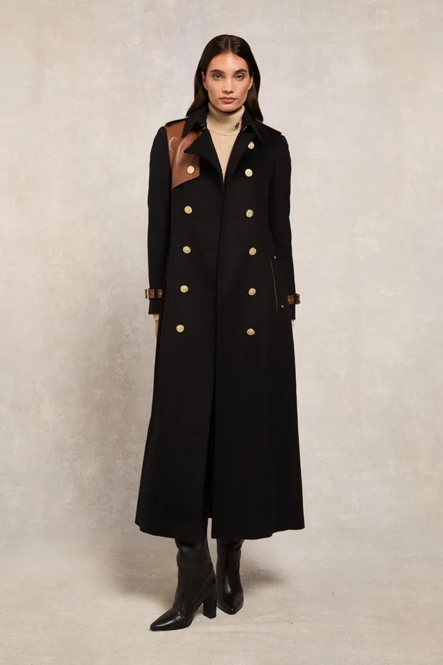 Holland Cooper Tailoring Women Full Length Marlborough Trench Coat Soft Black Tan