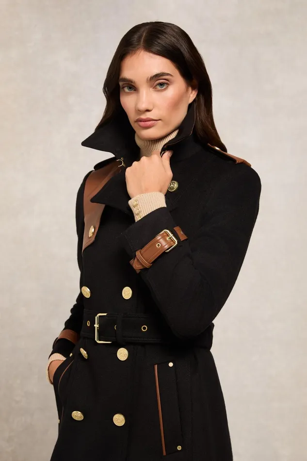 Holland Cooper Tailoring Women Full Length Marlborough Trench Coat Soft Black Tan