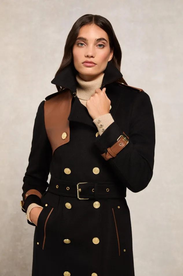 Holland Cooper Tailoring Women Full Length Marlborough Trench Coat Soft Black Tan