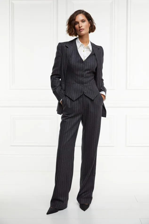 Holland Cooper Tailoring Women High Waisted Straight Trouser Charcoal Pinstripe Holland Cooper Tailoring Women High Waisted Straight Trouser Charcoal Pinstripe
