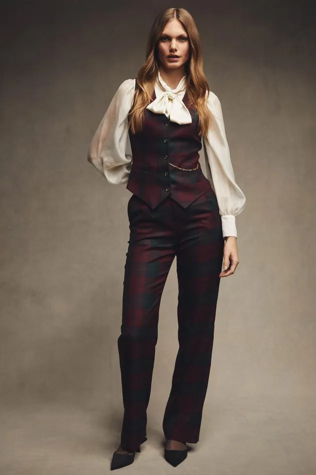 Holland Cooper Tailoring Women High Waisted Straight Trouser Mulberry Tartan