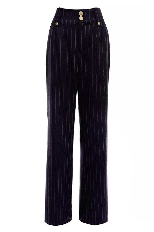 Holland Cooper Tailoring Women High Waisted Straight Trouser Navy Chalk Pinstripe Holland Cooper Tailoring Women High Waisted Straight Trouser Navy Chalk Pinstripe