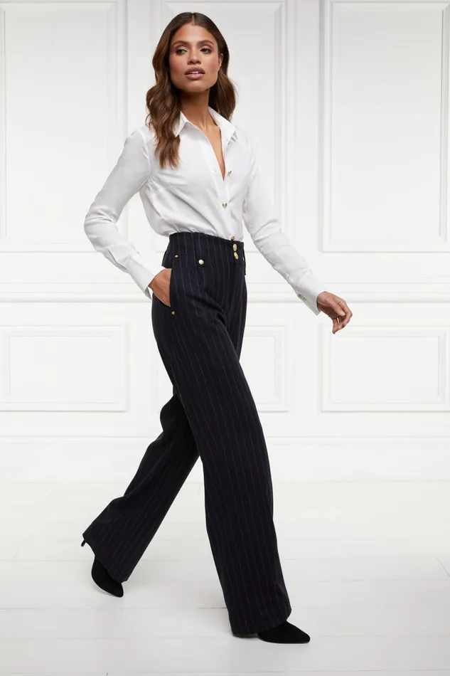 Holland Cooper Tailoring Women High Waisted Straight Trouser Navy Chalk Pinstripe Holland Cooper Tailoring Women High Waisted Straight Trouser Navy Chalk Pinstripe