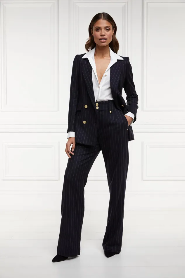 Holland Cooper Tailoring Women High Waisted Straight Trouser Navy Chalk Pinstripe Holland Cooper Tailoring Women High Waisted Straight Trouser Navy Chalk Pinstripe