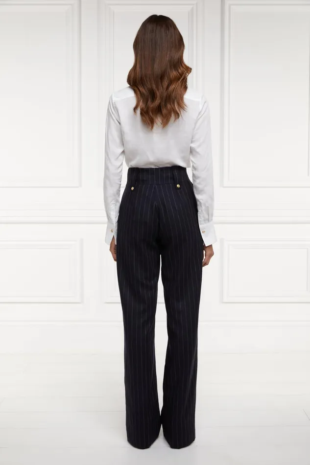 Holland Cooper Tailoring Women High Waisted Straight Trouser Navy Chalk Pinstripe Holland Cooper Tailoring Women High Waisted Straight Trouser Navy Chalk Pinstripe