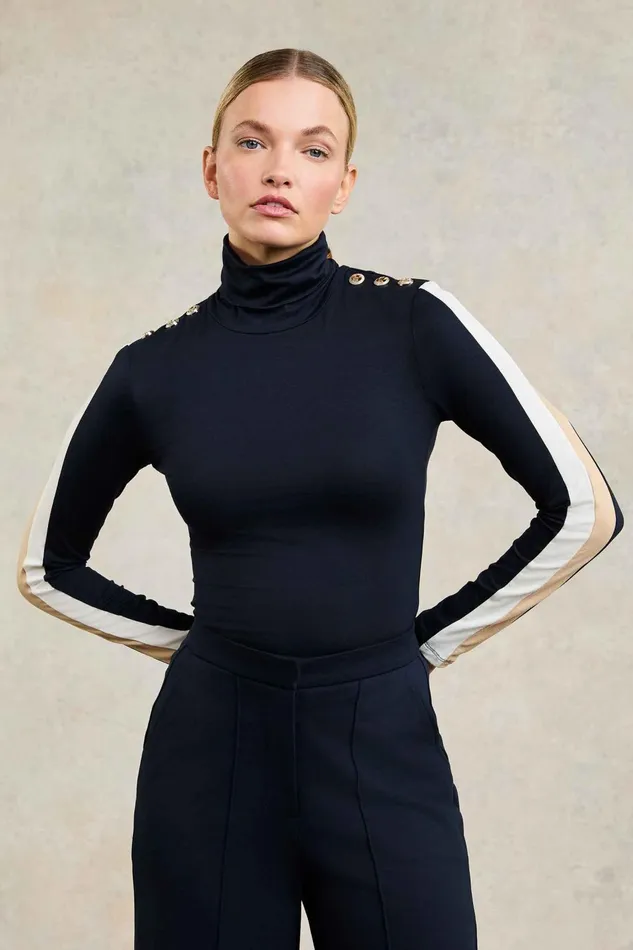 Holland Cooper Tops Women Panel Long Sleeve Roll Neck Navy Ecru Holland Cooper Tops Women Panel Long Sleeve Roll Neck Navy Ecru