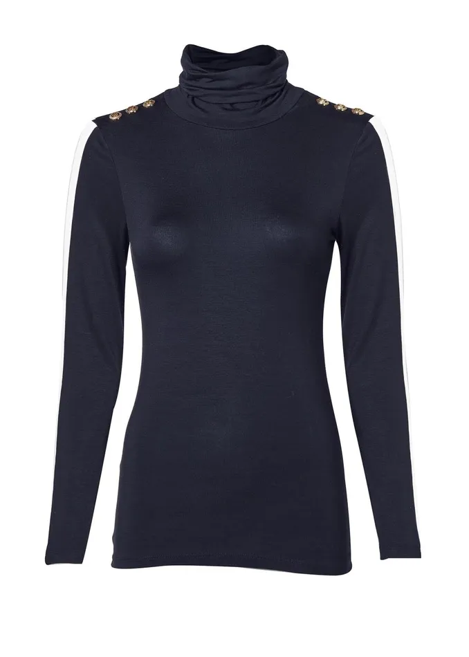 Holland Cooper Tops Women Panel Long Sleeve Roll Neck Navy Ecru Holland Cooper Tops Women Panel Long Sleeve Roll Neck Navy Ecru