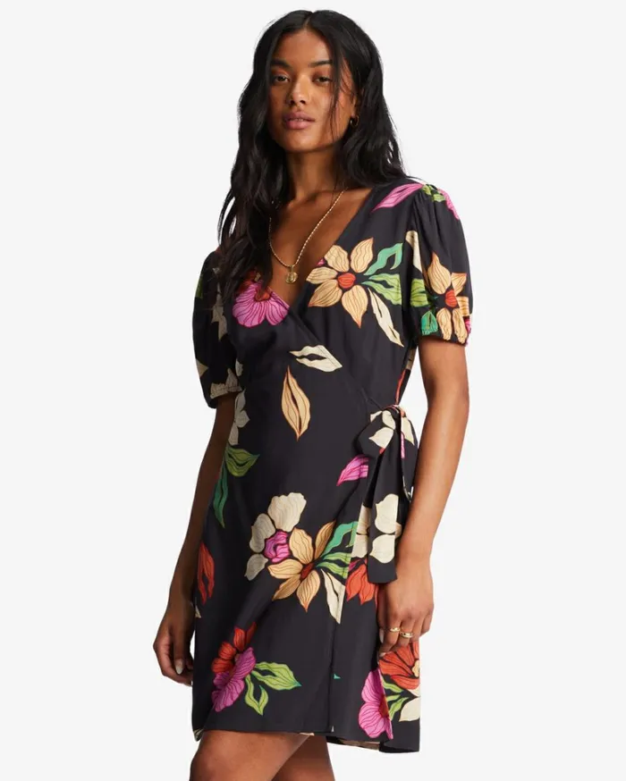 Hot Tropics Mini Wrap Dress Black Pebble Women Billabong Mini Dresses