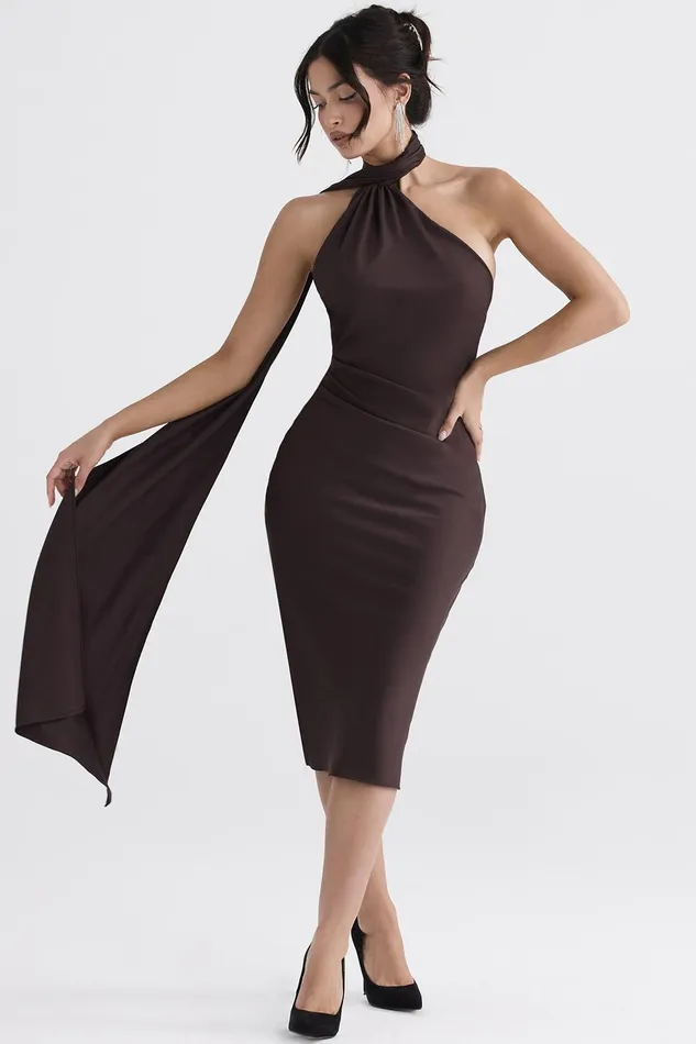 House Of CB AngelinaChocolate Wrap Neck Midi Dress 8211 SALE Chocolate Women Midi Dresses