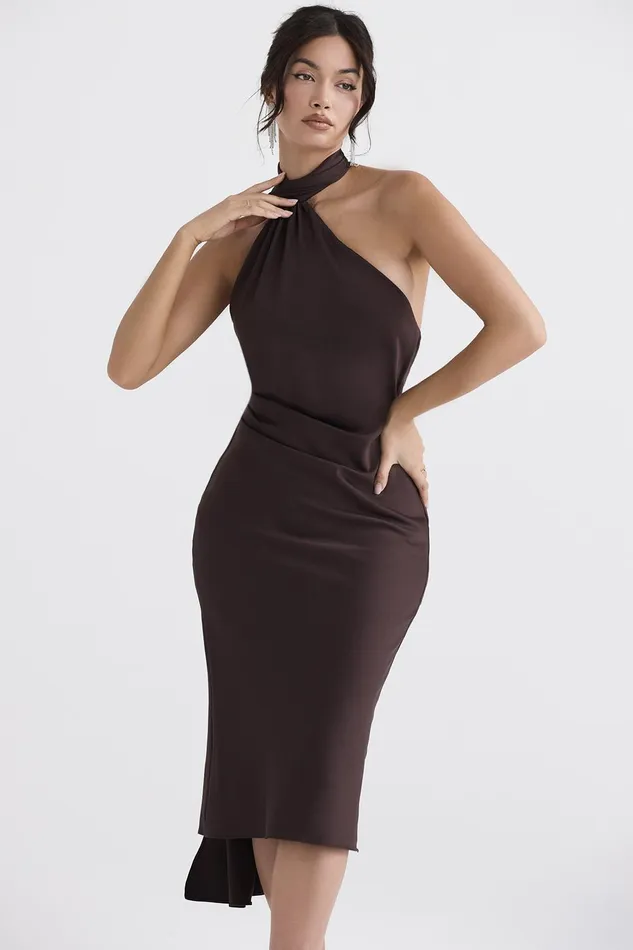 House Of CB AngelinaChocolate Wrap Neck Midi Dress 8211 SALE Chocolate Women Midi Dresses