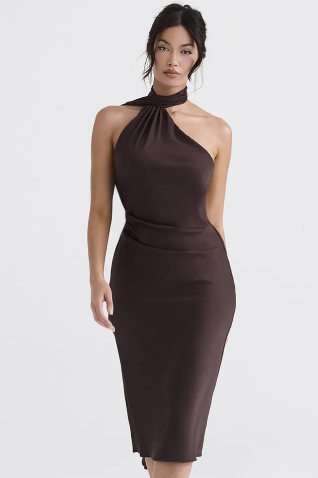 House Of CB AngelinaChocolate Wrap Neck Midi Dress 8211 SALE Chocolate Women Midi Dresses