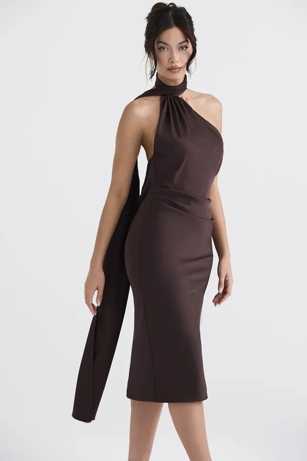 House Of CB AngelinaChocolate Wrap Neck Midi Dress 8211 SALE Chocolate Women Midi Dresses